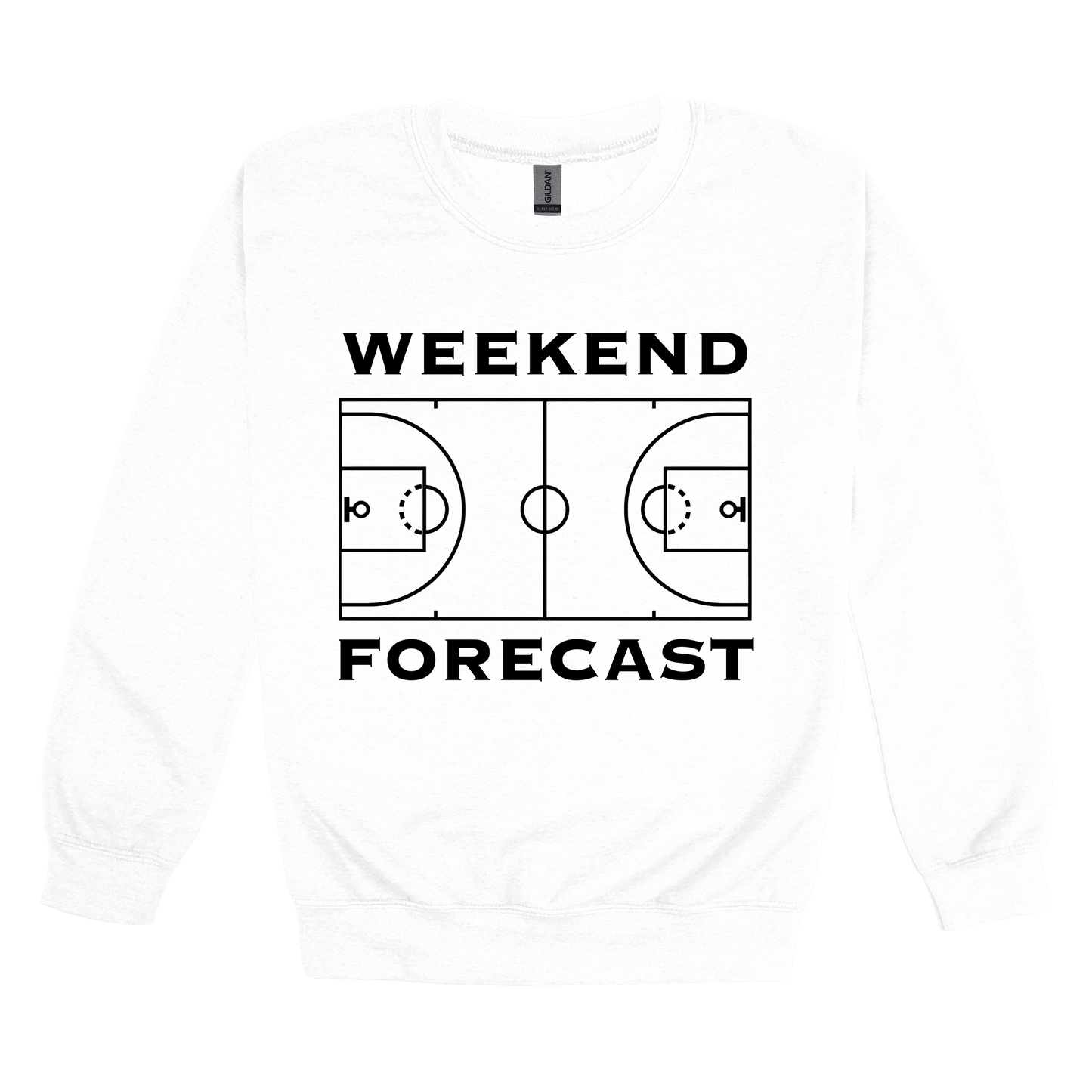 Weekend Forecast Apparel design on adult crewneck in white, front view.