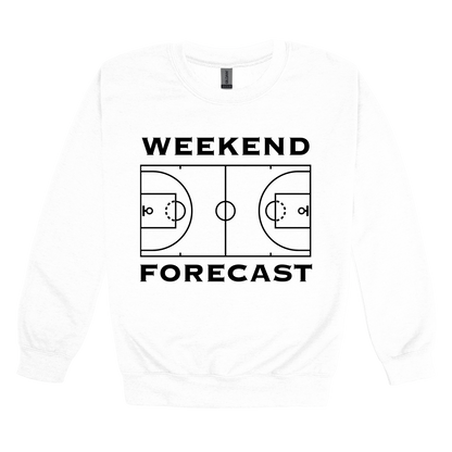Weekend Forecast Apparel design on adult crewneck in white, front view.
