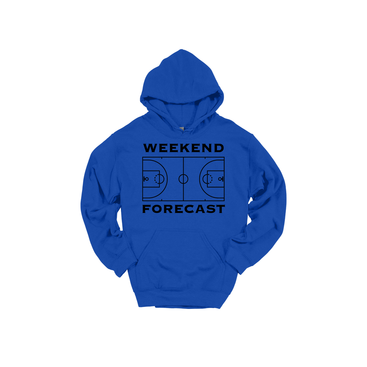 Weekend Forecast Apparel design on adult hoodie in blue, front view.