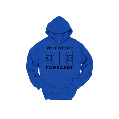 Weekend Forecast Apparel design on adult hoodie in blue, front view.