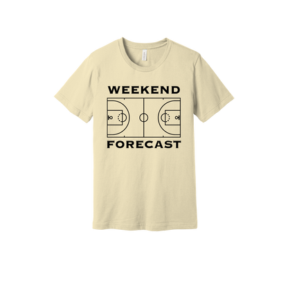 Weekend Forecast Apparel design on adult tee in tan, front view.