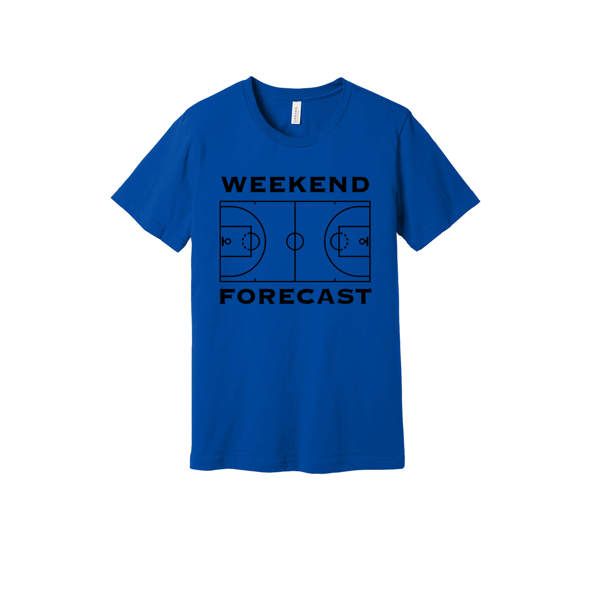Weekend Forecast Apparel design on generic tee presentation in blue, front view.