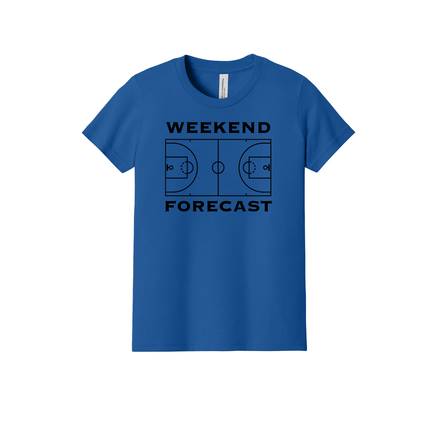 Weekend Forecast Apparel design on official Youth Bella+Canvas T-shirt in Royal Blue, front view.