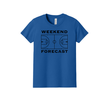 Weekend Forecast Apparel design on official Youth Bella+Canvas T-shirt in Royal Blue, front view.