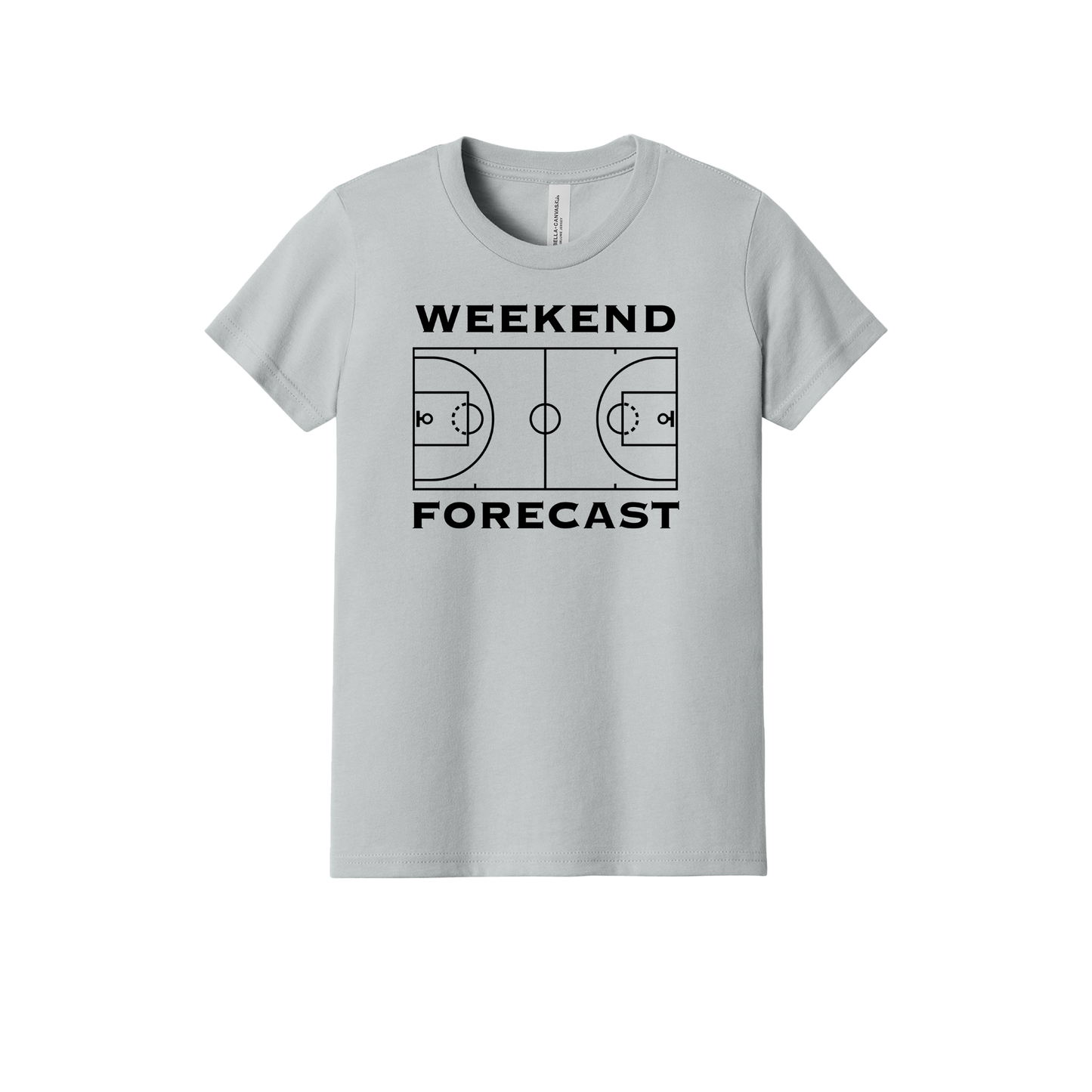 Weekend Forecast Apparel design on youth tee in gray, front view.