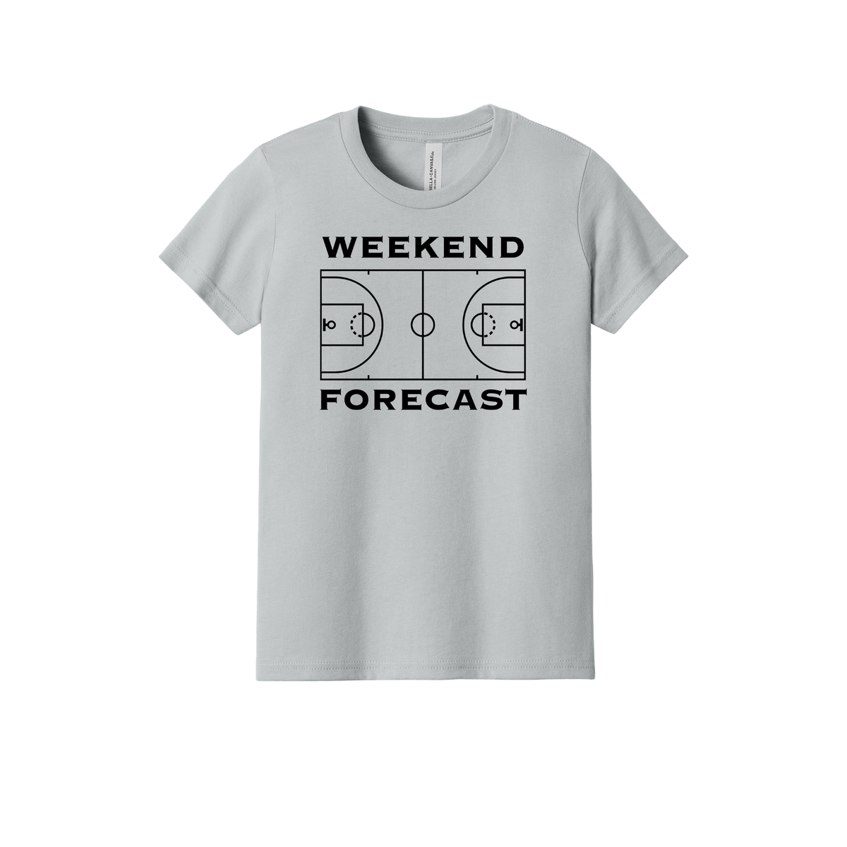 Weekend Forecast Apparel design on youth tee in gray, front view.