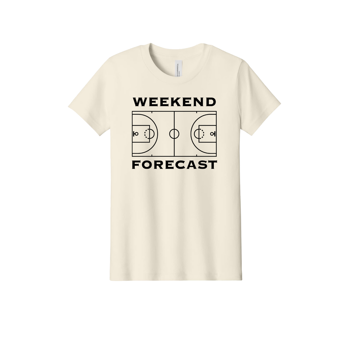 Weekend Forecast Apparel design on official Youth Bella+Canvas T-shirt in Natural, front view.