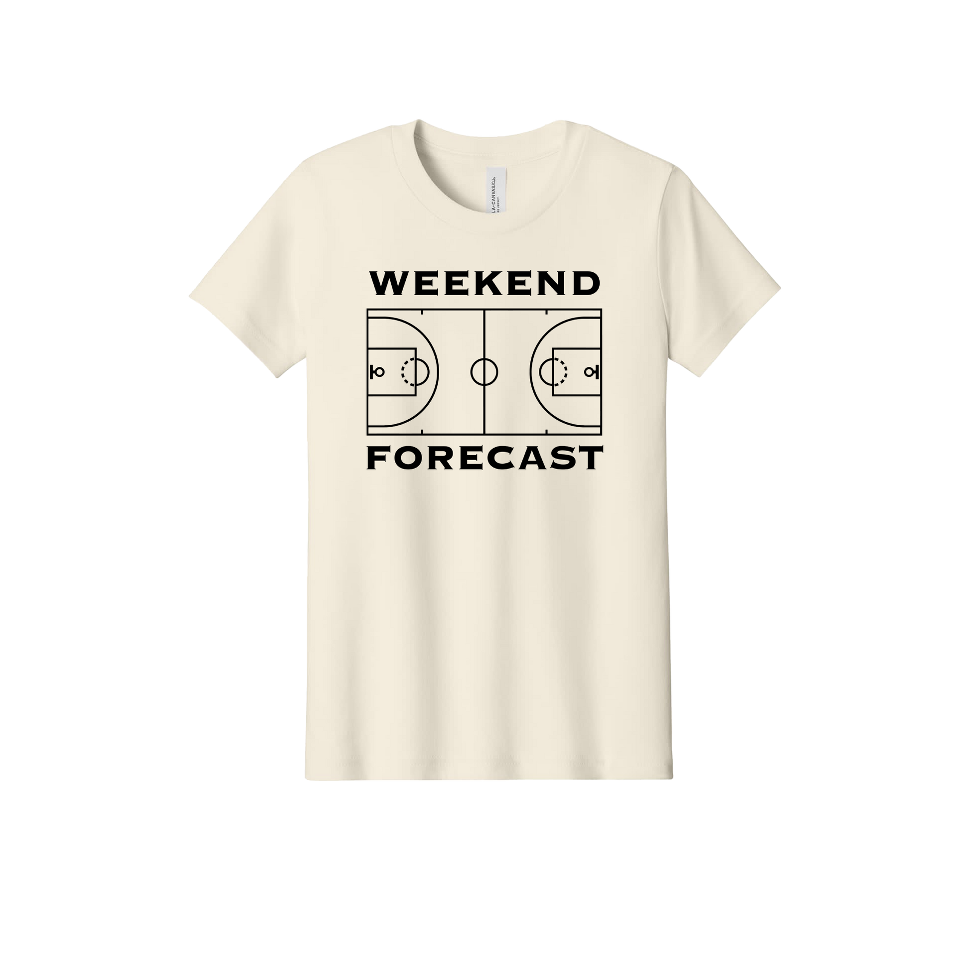 Weekend Forecast Apparel design on official Youth Bella+Canvas T-shirt in Natural, front view.