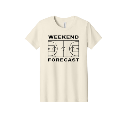 Weekend Forecast Apparel design on official Youth Bella+Canvas T-shirt in Natural, front view.