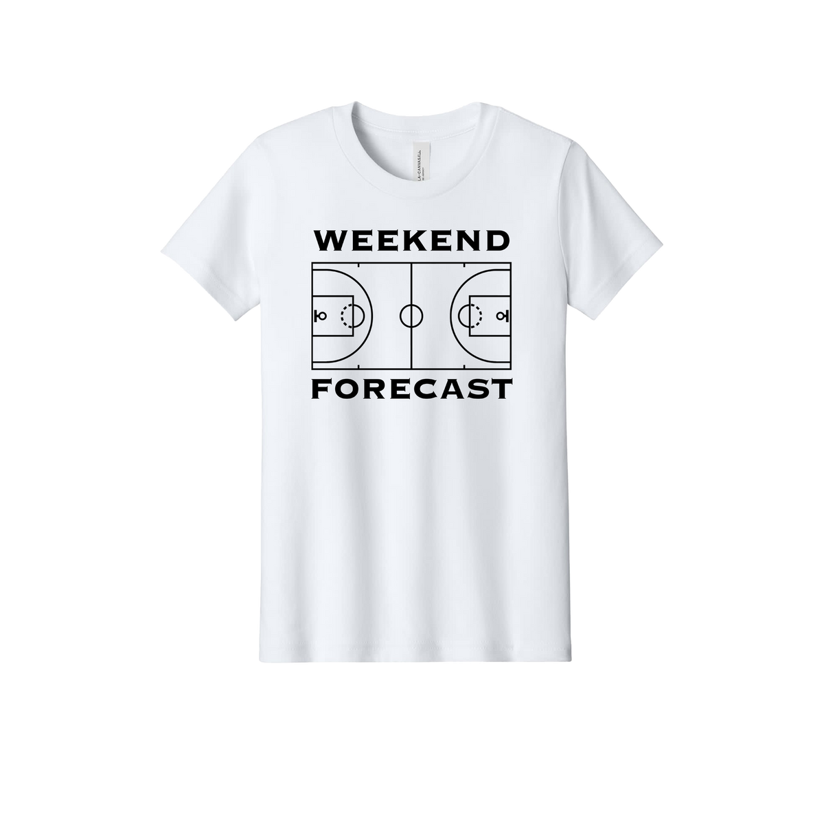 Weekend Forecast Apparel design on official Youth Bella+Canvas T-shirt in White, front view.