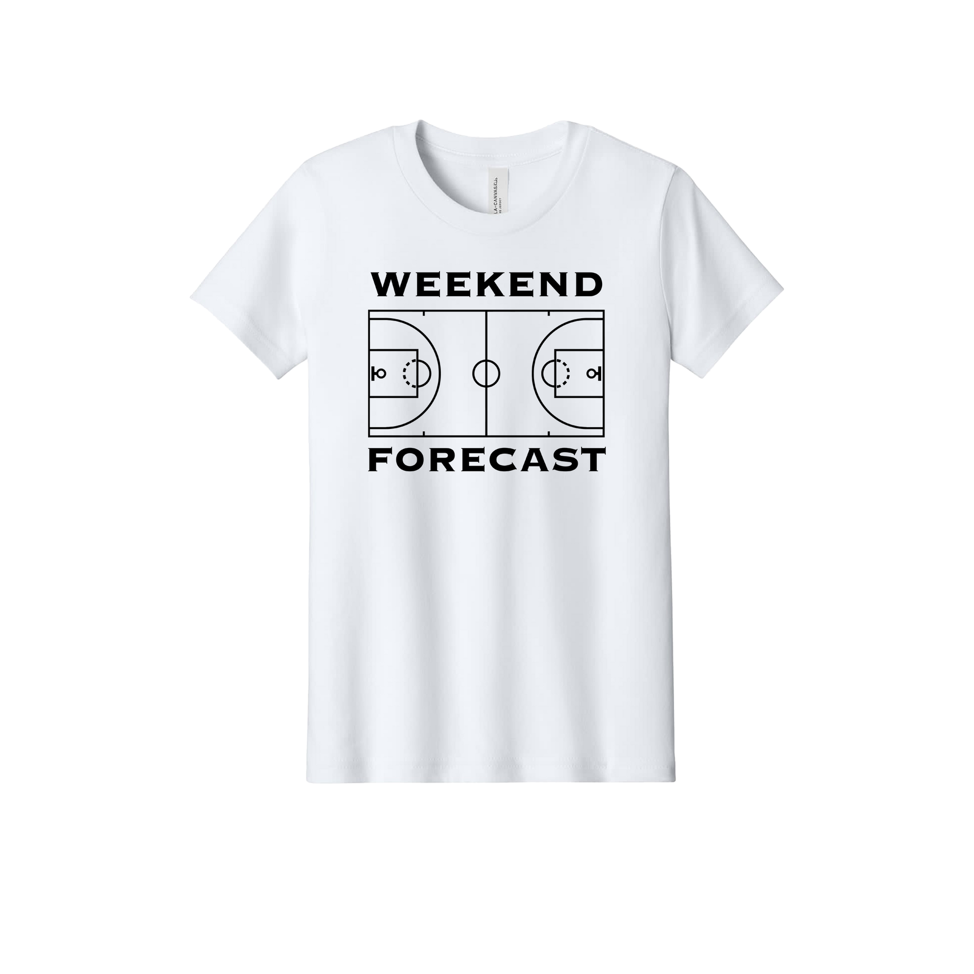 Weekend Forecast Apparel design on official Youth Bella+Canvas T-shirt in White, front view.
