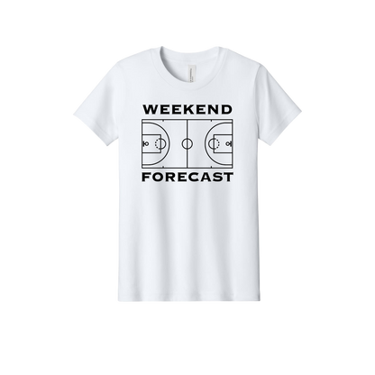 Weekend Forecast Apparel design on official Youth Bella+Canvas T-shirt in White, front view.