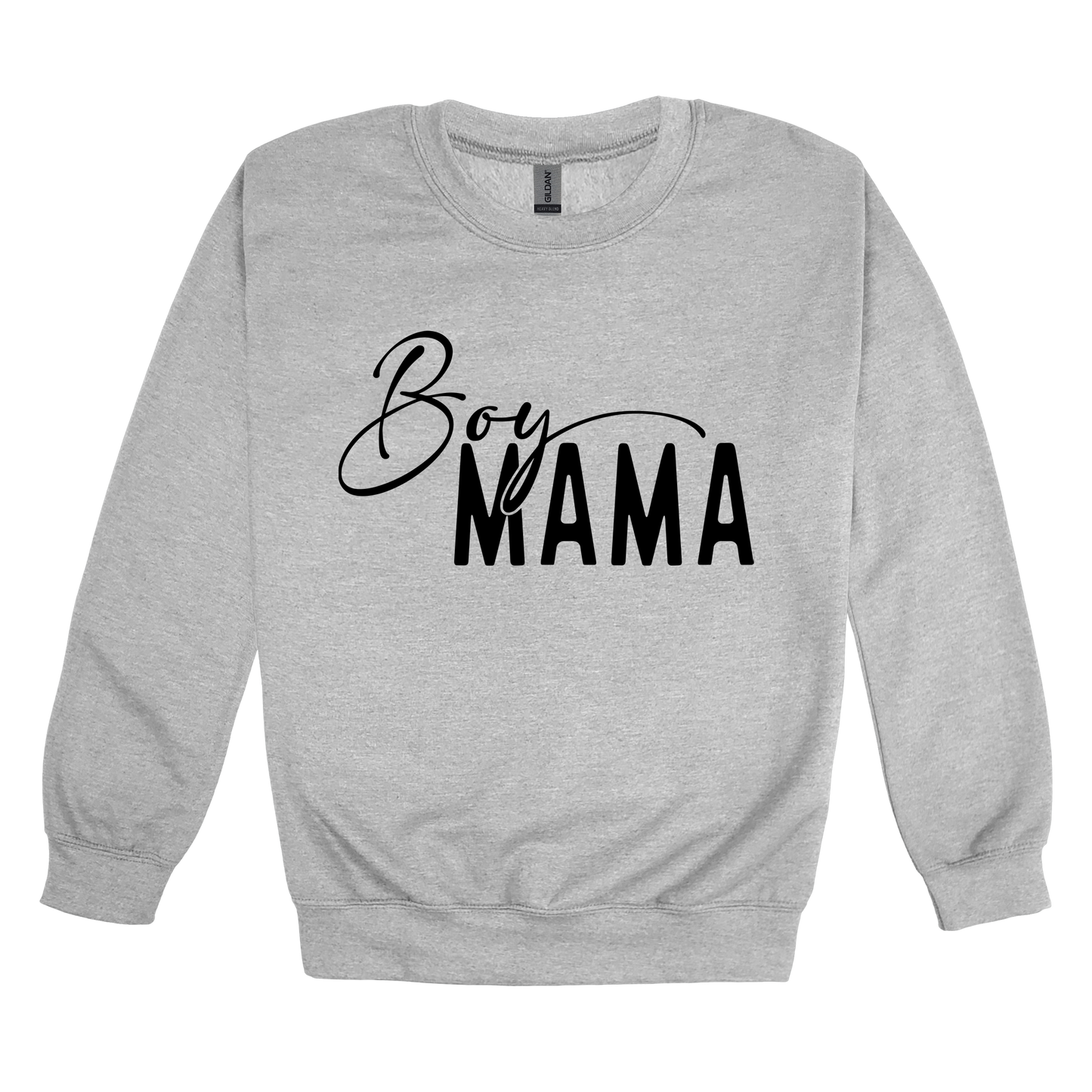 Boy Mama Mama's Boy Apparel design on adult crewneck in gray, front view.
