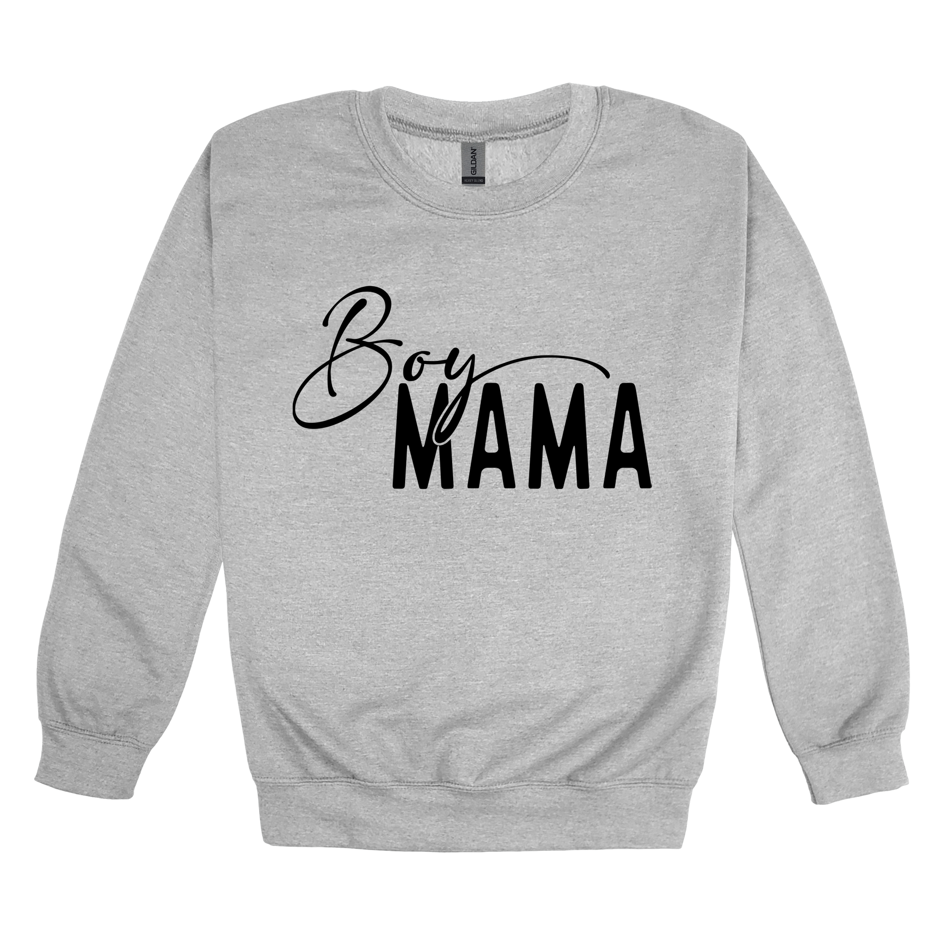 Boy Mama Mama's Boy Apparel design on adult crewneck in gray, front view.