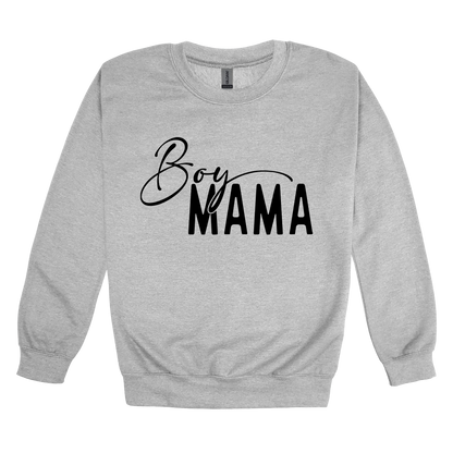 Boy Mama Mama's Boy Apparel design on adult crewneck in gray, front view.