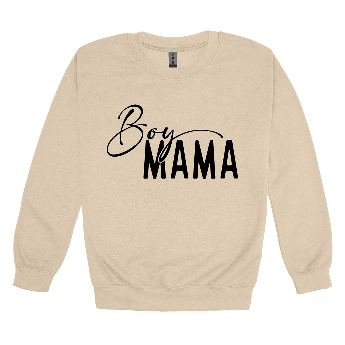 Boy Mama Mama's Boy Apparel design on adult crewneck in tan, front view.