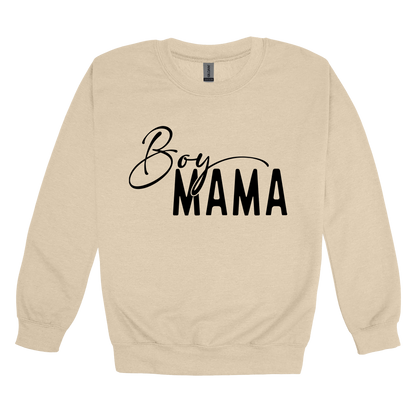 Boy Mama Mama's Boy Apparel design on adult crewneck in tan, front view.