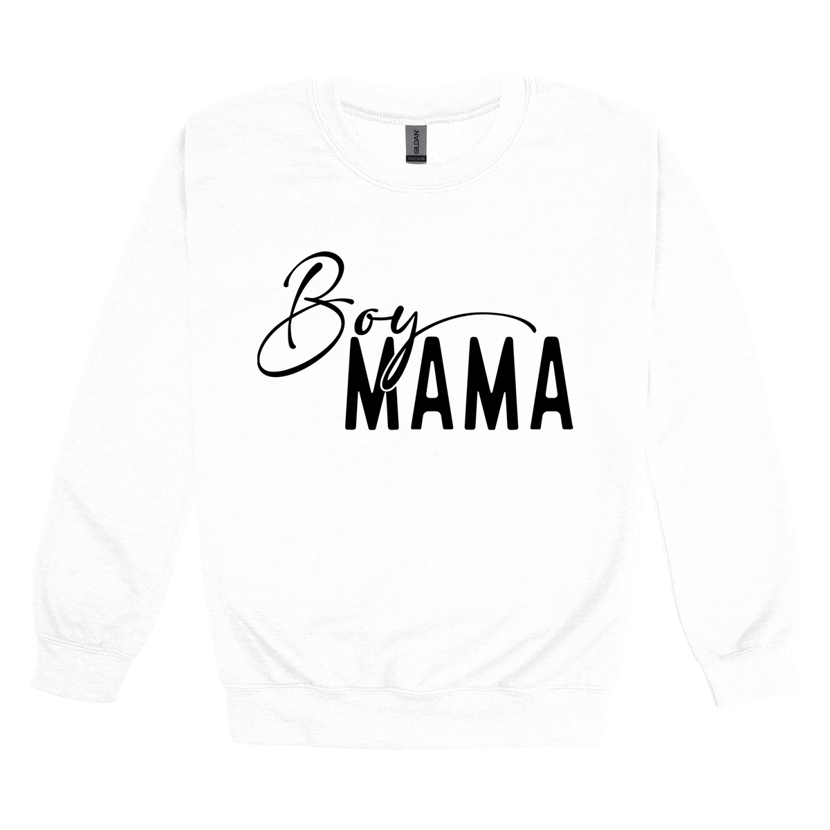 Boy Mama Mama's Boy Apparel design on adult crewneck in white, front view.
