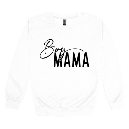 Boy Mama Mama's Boy Apparel design on adult crewneck in white, front view.