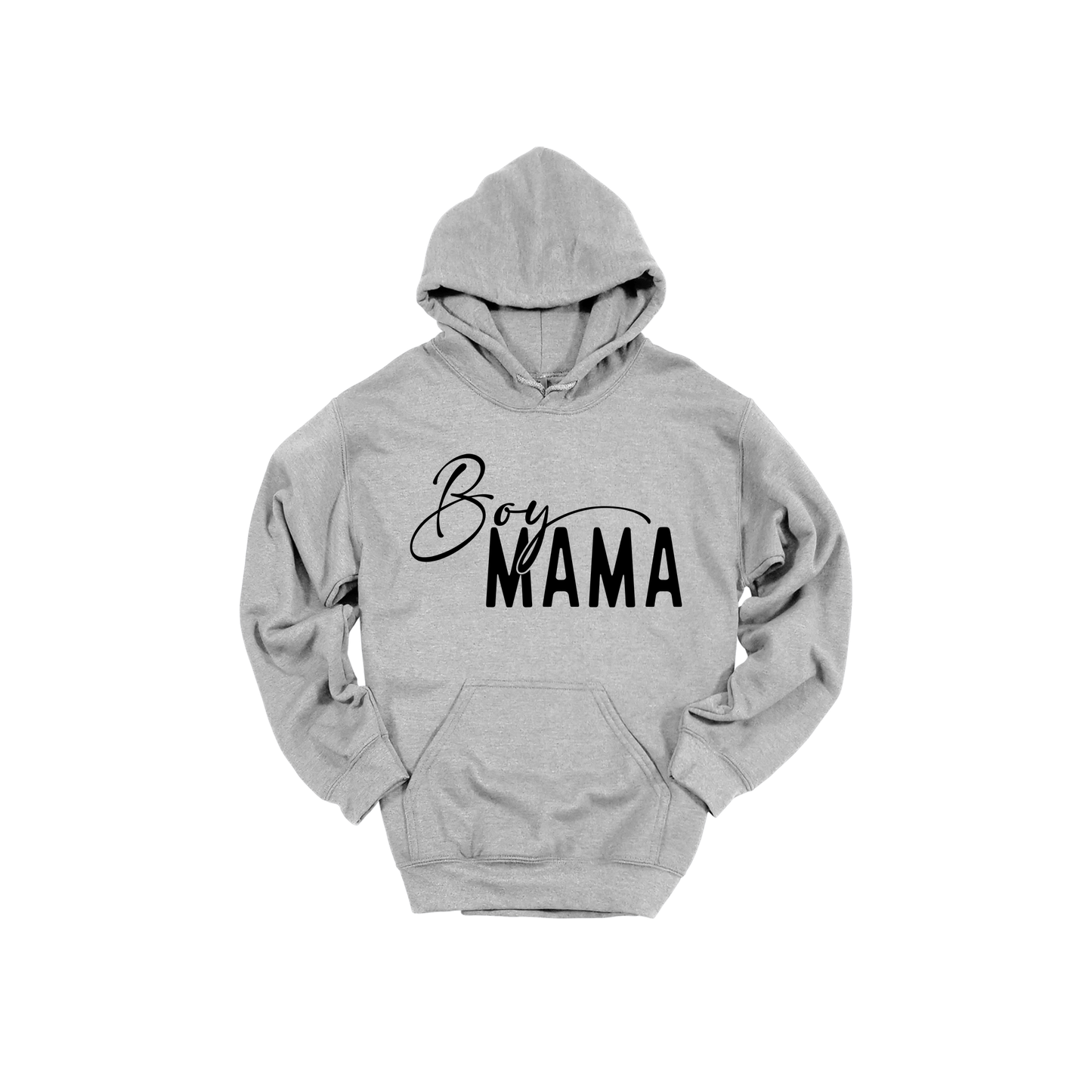 Boy Mama Mama's Boy Apparel design on adult hoodie in gray, front view.