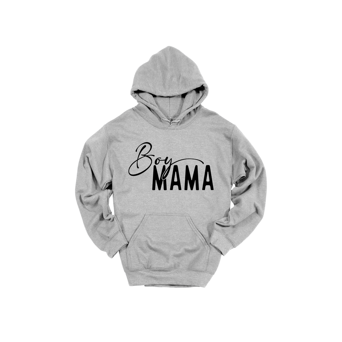 Boy Mama Mama's Boy Apparel design on adult hoodie in gray, front view.