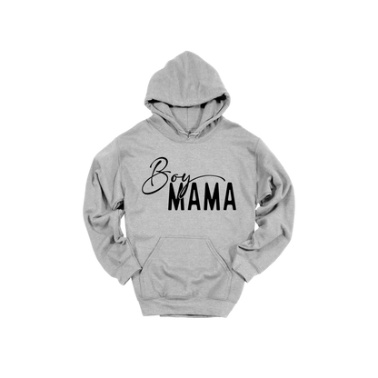 Boy Mama Mama's Boy Apparel design on adult hoodie in gray, front view.