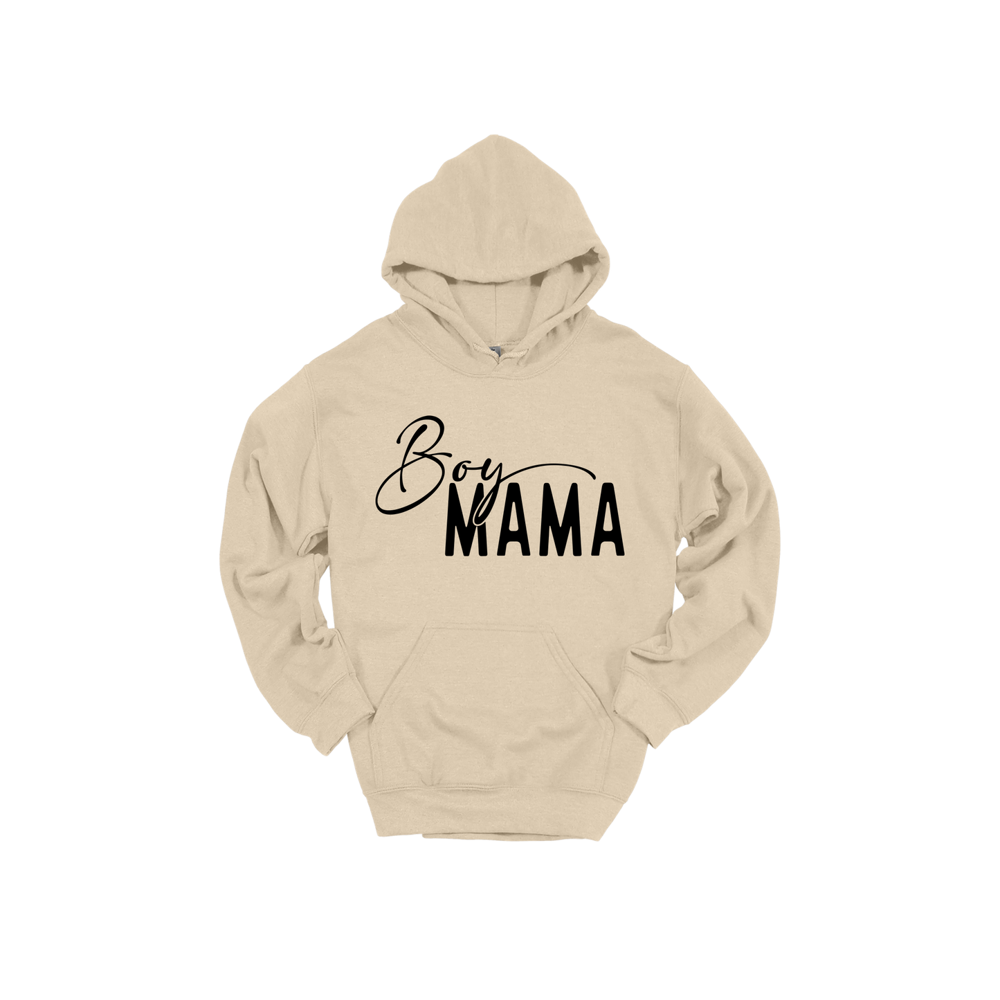 Boy Mama Mama's Boy Apparel design on adult hoodie in tan, front view.