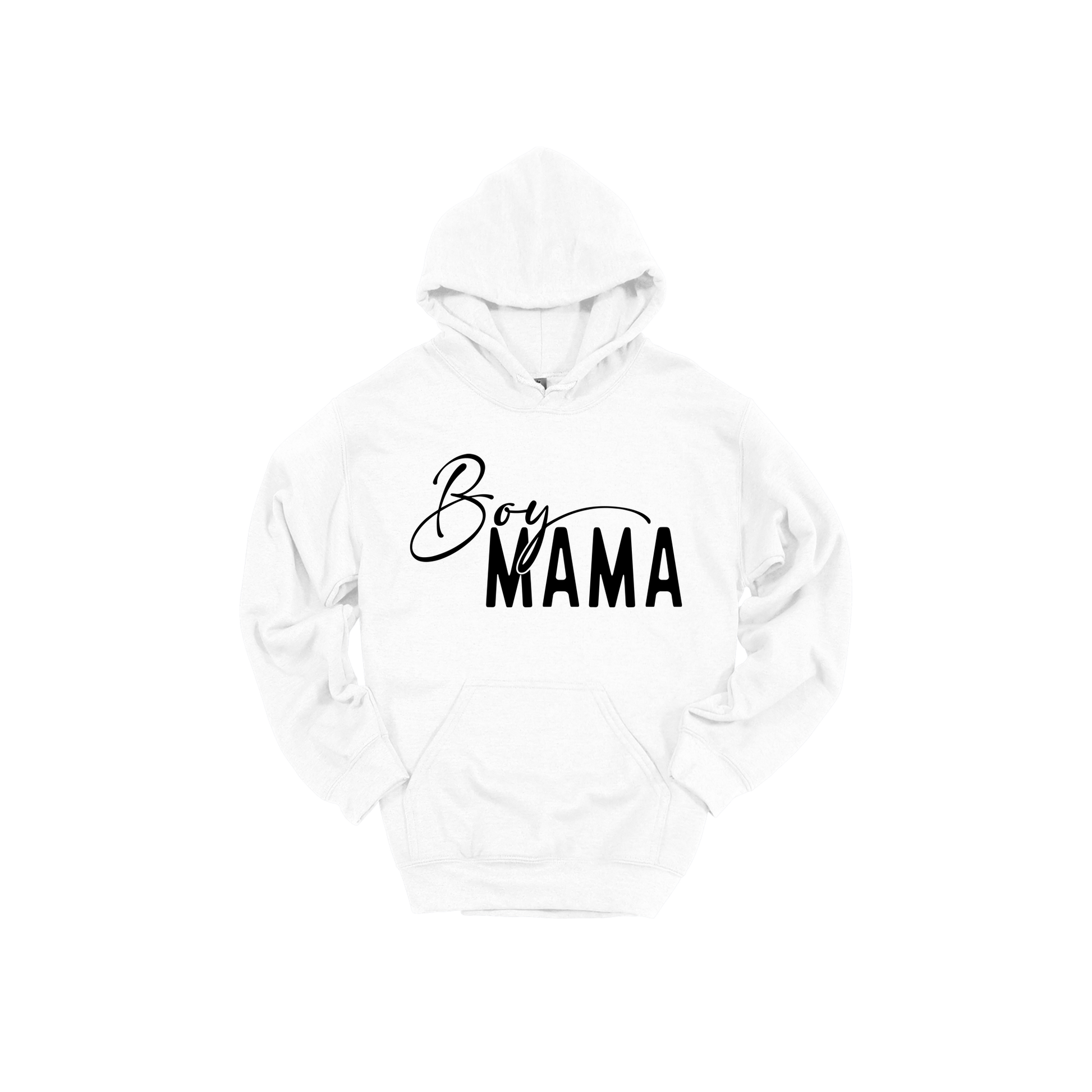 Boy Mama Mama's Boy Apparel design on adult hoodie in white, front view.
