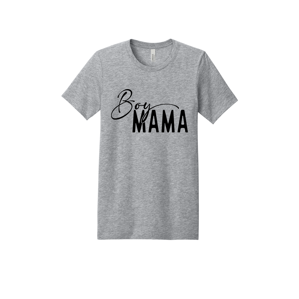 Boy Mama Mama's Boy Apparel design on adult tee in gray, front view.