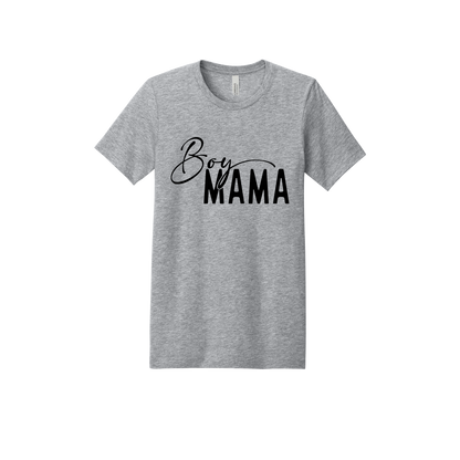 Boy Mama Mama's Boy Apparel design on adult tee in gray, front view.
