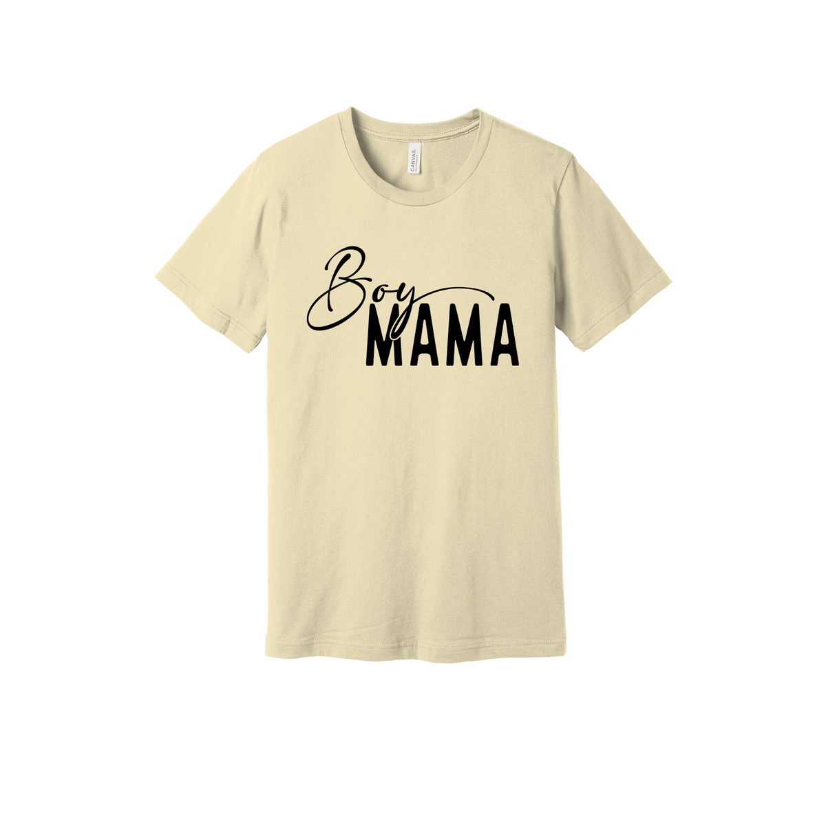 Boy Mama Mama's Boy Apparel design on adult tee in tan, front view.