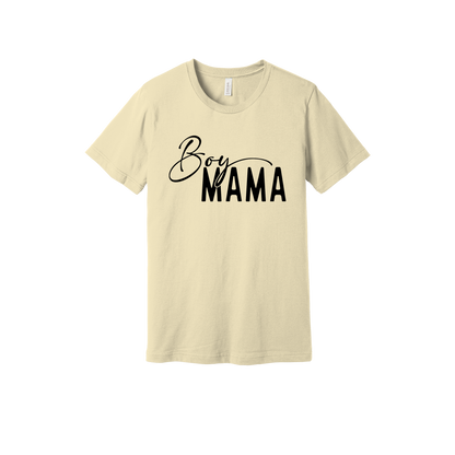 Boy Mama Mama's Boy Apparel design on adult tee in tan, front view.