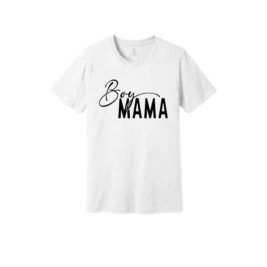 Boy Mama Mama's Boy Apparel design on adult tee in white, front view.