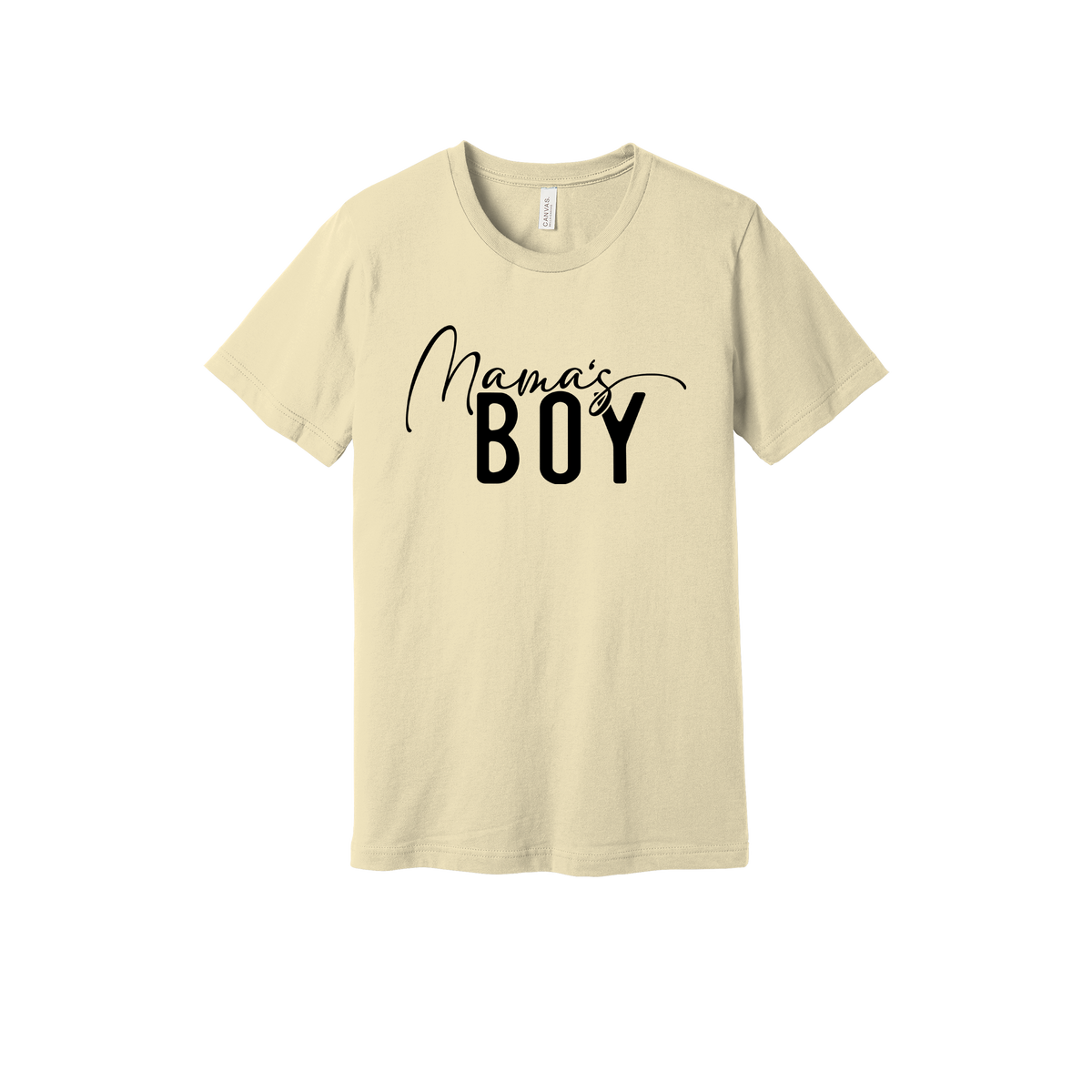 Mama's Boy Apparel design on generic tee presentation in tan, front view.