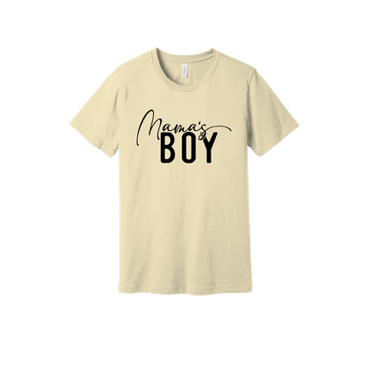 Mama's Boy Apparel design on generic tee presentation in tan, front view.