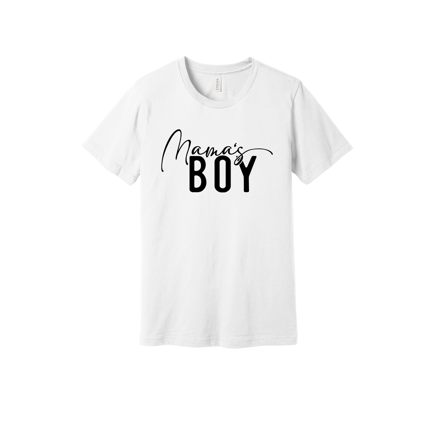 Mama's Boy Apparel design on generic tee presentation in white, front view.