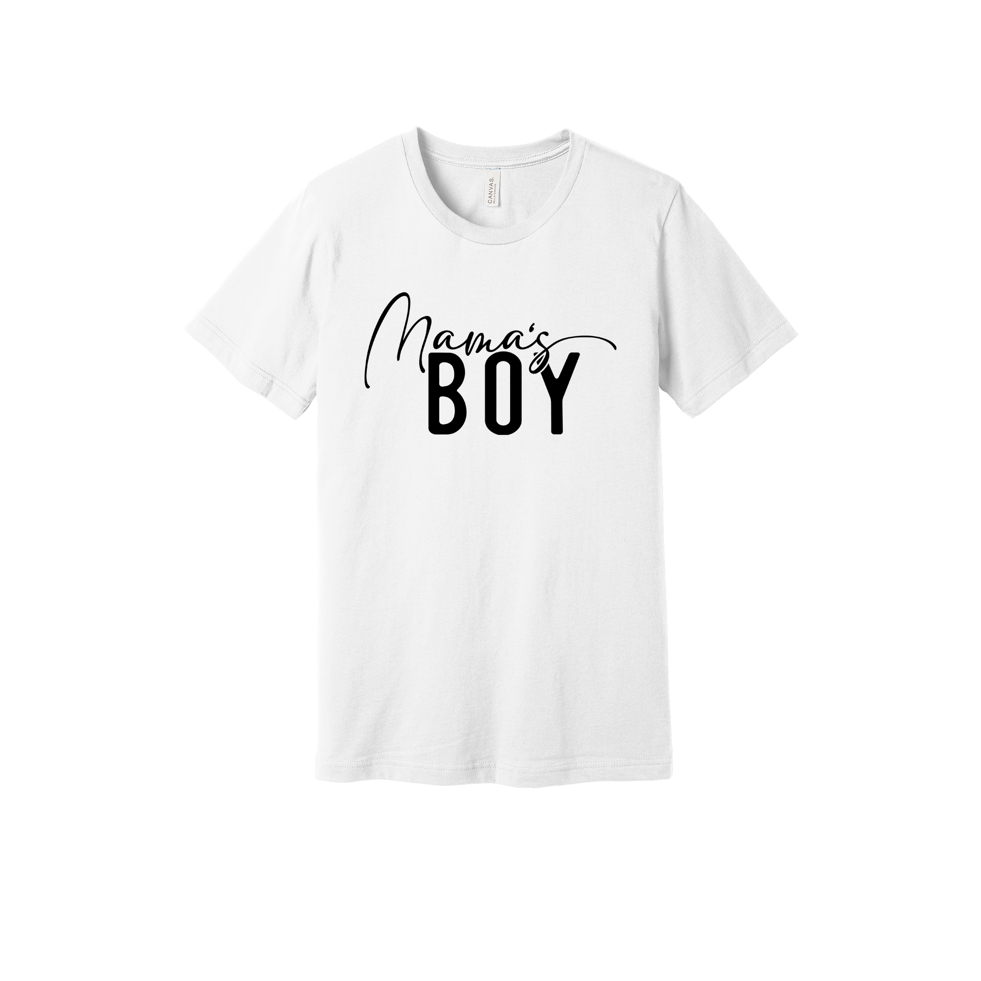 Mama's Boy Apparel design on generic tee presentation in white, front view.
