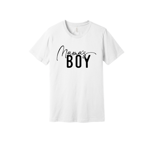 Mama's Boy Apparel design on generic tee presentation in white, front view.