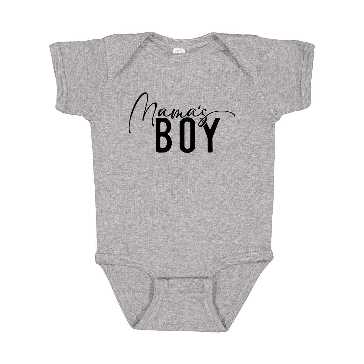 Mama's Boy Apparel design on infant onesie in gray, front view.