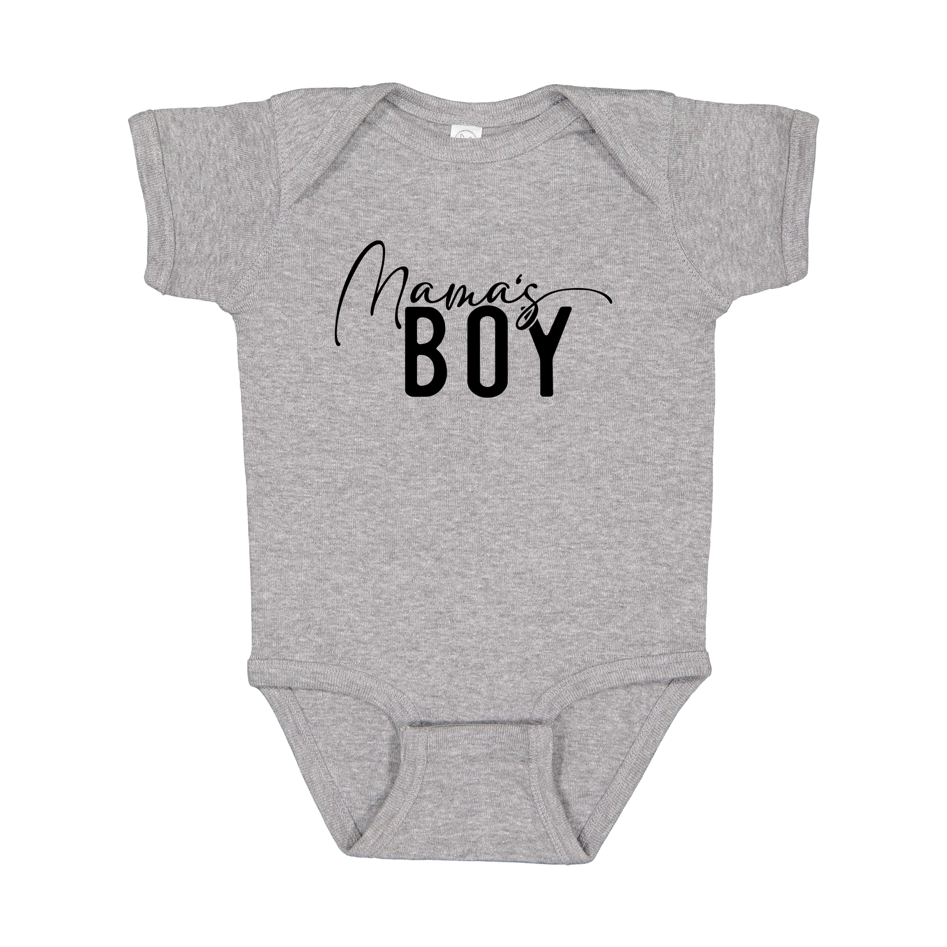 Mama's Boy Apparel design on infant onesie in gray, front view.