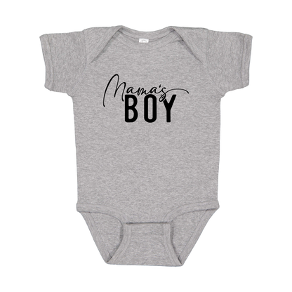 Mama's Boy Apparel design on infant onesie in gray, front view.