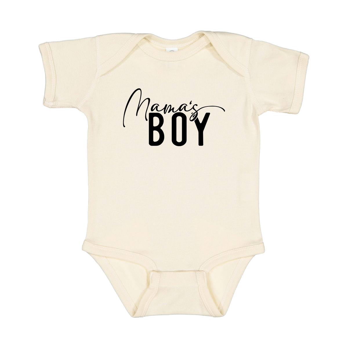 Mama's Boy Apparel design on infant onesie in tan, front view.
