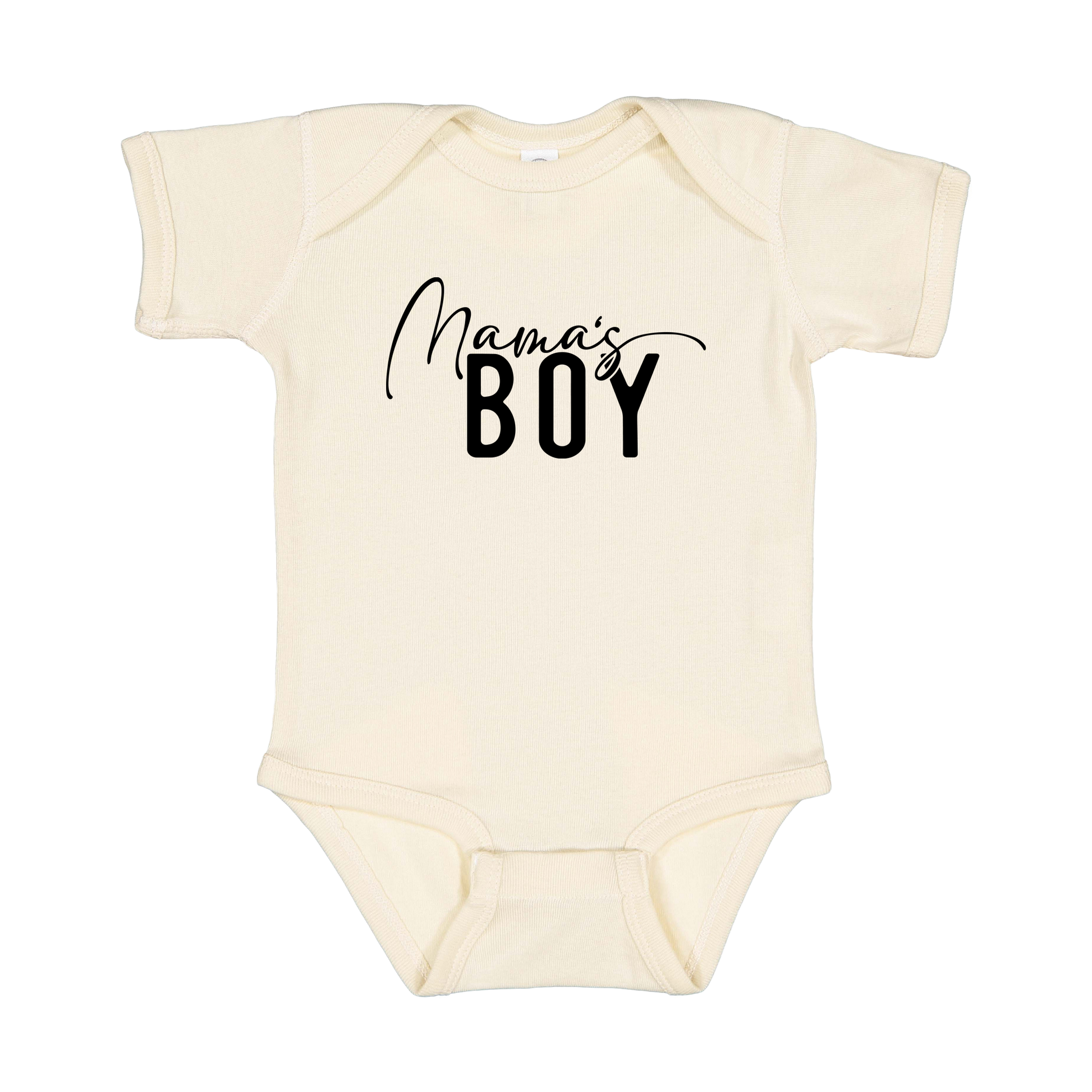 Mama's Boy Apparel design on infant onesie in tan, front view.