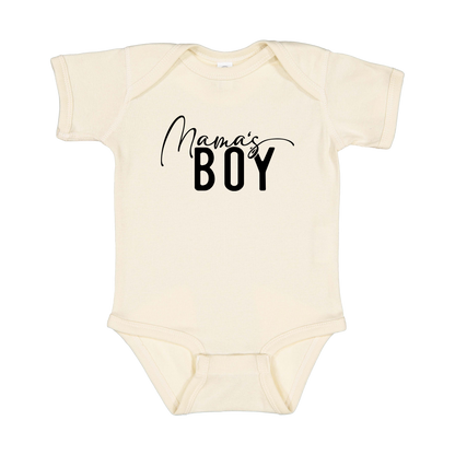 Mama's Boy Apparel design on infant onesie in tan, front view.