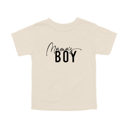 Mama's Boy Apparel design on toddler tee in tan, front view.
