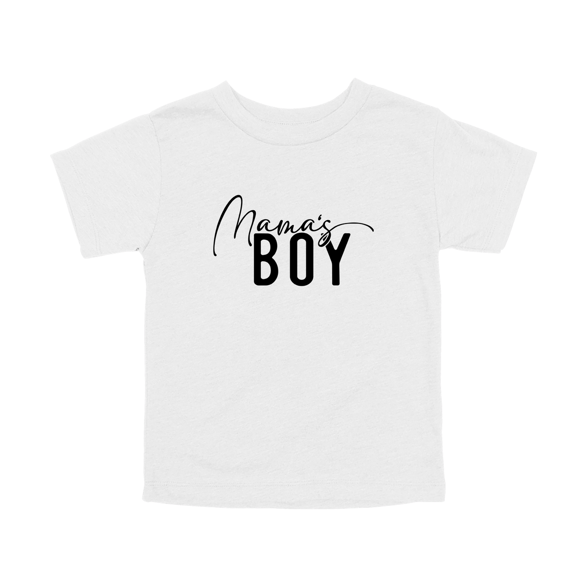 Mama's Boy Apparel design on toddler tee in white, front view.
