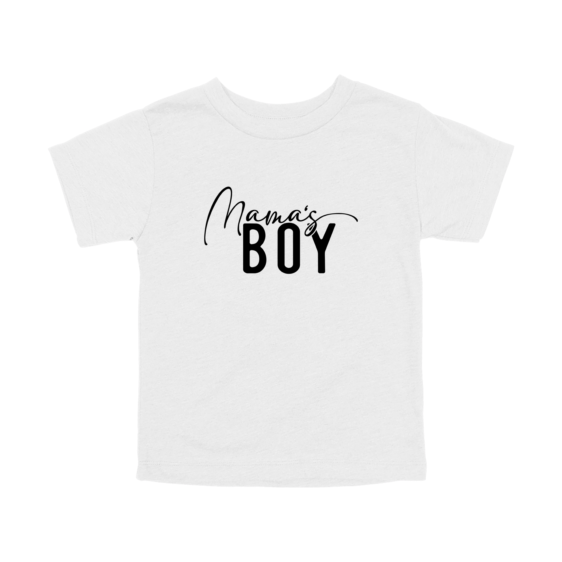 Mama's Boy Apparel design on toddler tee in white, front view.