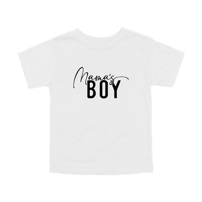 Mama's Boy Apparel design on toddler tee in white, front view.