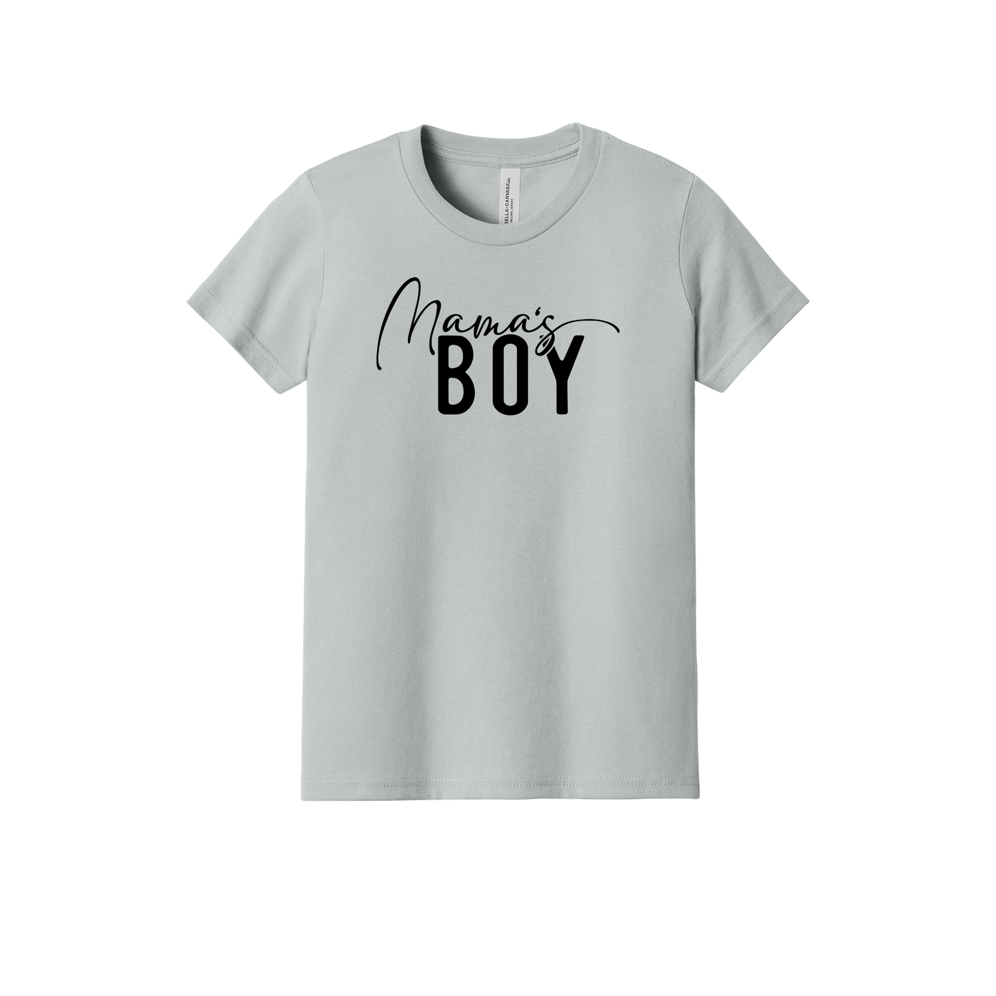 Mama's Boy Apparel design on youth tee in gray, front view.