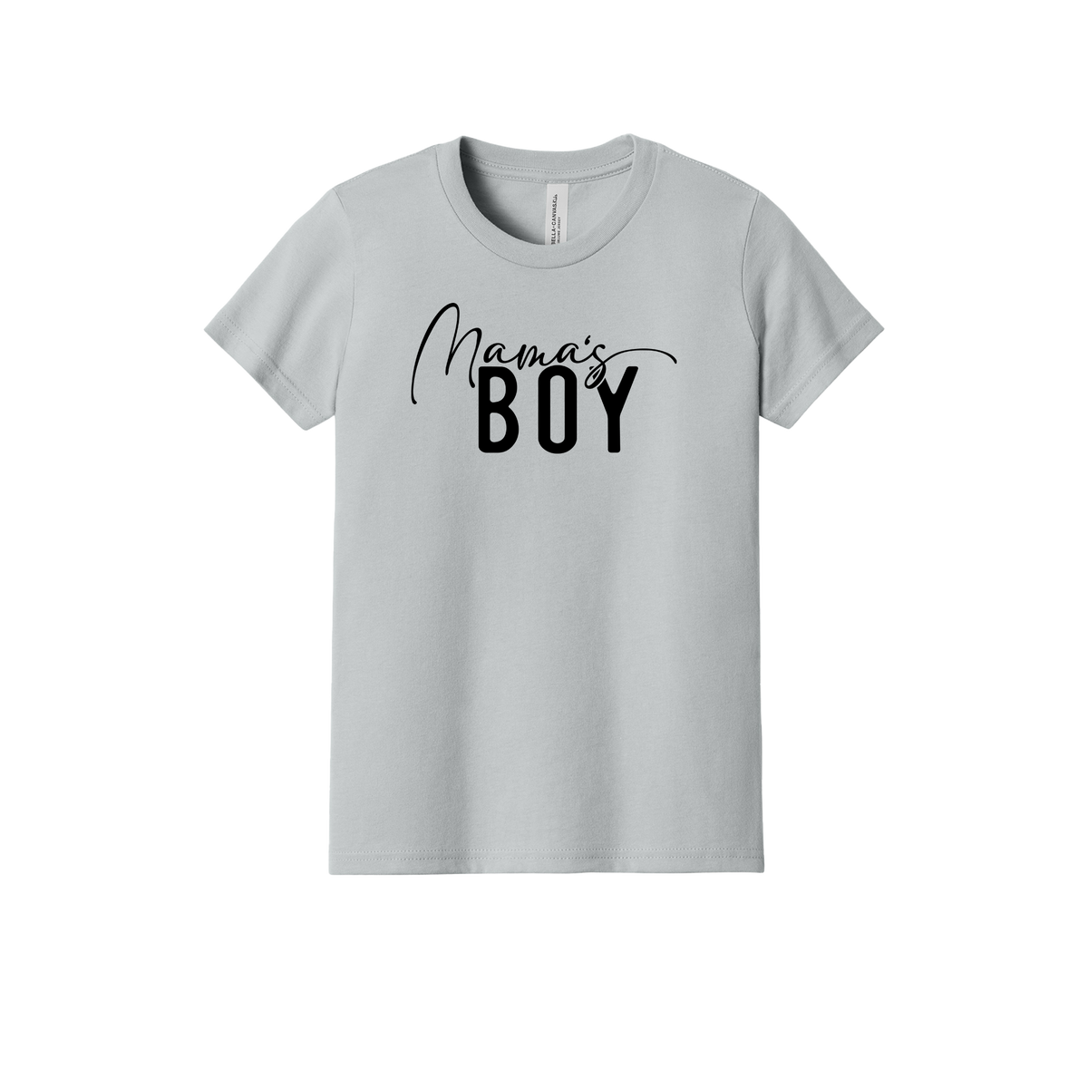 Mama's Boy Apparel design on youth tee in gray, front view.